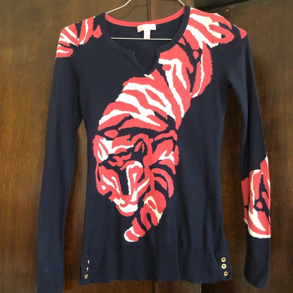 Lilly Pulitzer navy Tiger sweater gold button hem Womens Xxs 0, teen girls 14-16 - Picture 2 of 9